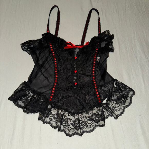 Vintage 1980s Duet Black Lace Red Heart Lingerie Cami Women's Plus 1x Victorian - Picture 1 of 6